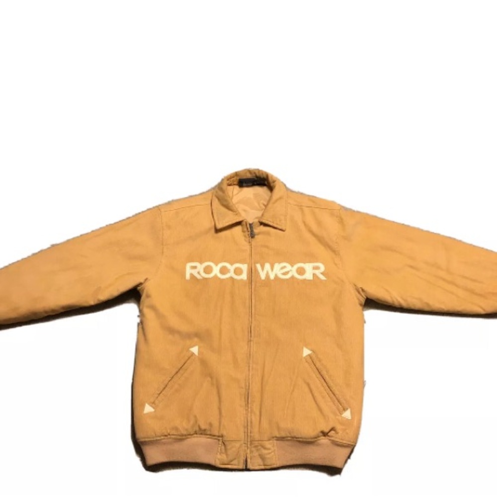 Rocawear Tan Bomber Jacket with Ribbed Cuffs and Zipper Closure